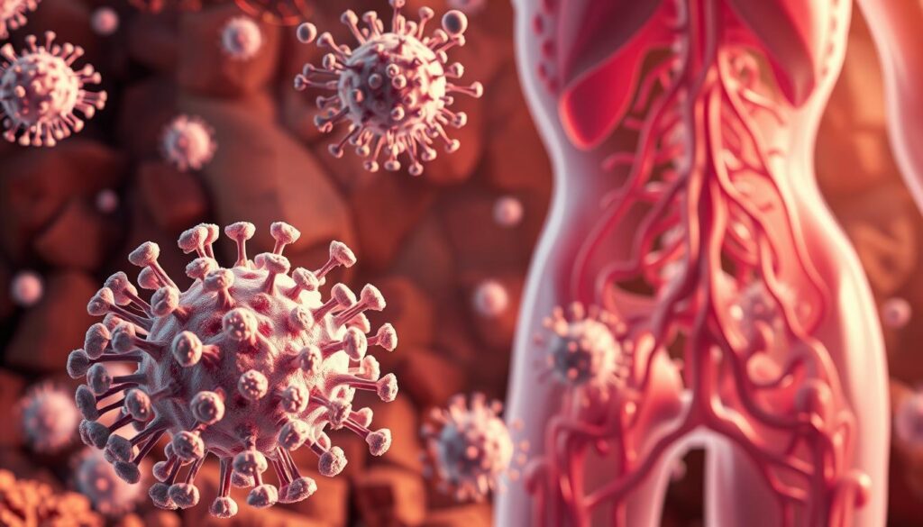 A detailed illustration of the human immune system, showcasing its multifaceted defense mechanisms. In the foreground, a cluster of white blood cells, lymphocytes, and antibodies, working in harmony to neutralize invading pathogens. In the middle ground, a network of lymph nodes and vessels, facilitating the circulation and communication of the immune response. In the background, a richly textured landscape of tissues and organs, including the spleen, bone marrow, and thymus, providing the foundation for the immune system's resilience. The scene is bathed in a warm, natural lighting, conveying a sense of vitality and vigor, underscoring the body's innate ability to safeguard its health. Rendered with a high level of scientific accuracy and artistic flair, capturing the intricate beauty and complexity of the human immune system.