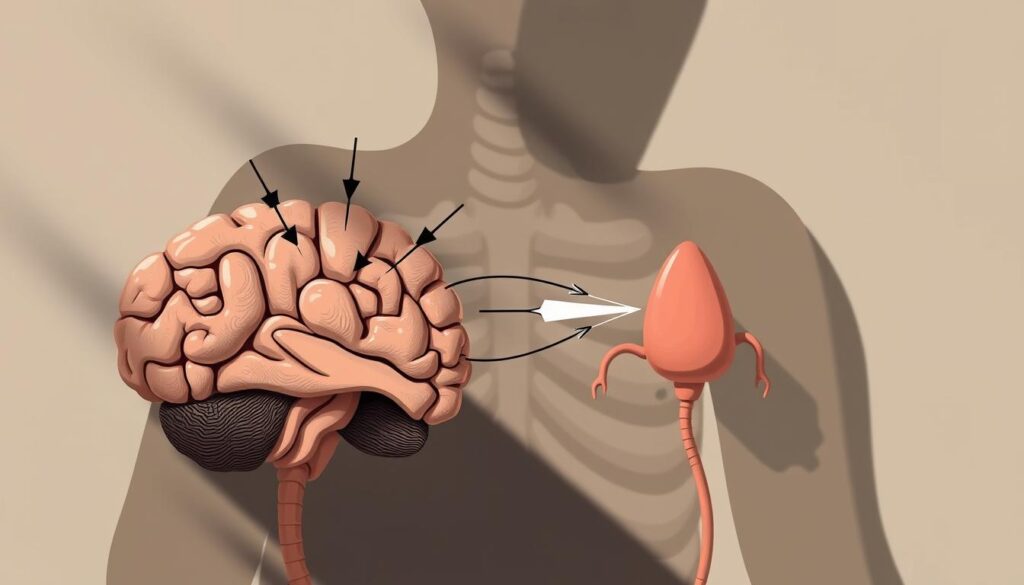 A detailed illustration of the stress response mechanism, showcasing the hypothalamic-pituitary-adrenal (HPA) axis and its regulation of cortisol. In the foreground, a cross-section of the brain reveals the hypothalamus and pituitary gland, with arrows depicting the hormonal signaling. In the middle ground, a stylized adrenal gland releases cortisol, the body's main stress hormone, in response to HPA axis activation. The background features a subdued, muted color palette, with subtle anatomical details and a sense of tension and physiological complexity. Dramatic lighting casts shadows, emphasizing the dynamism of the stress response system. The overall composition conveys the intricate, interconnected nature of the body's adaptation to stress.
