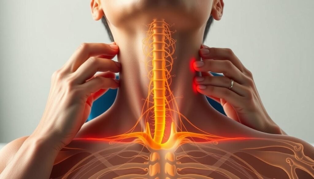 A detailed illustration of various manual techniques for stimulating the vagus nerve. In the foreground, the image depicts the neck and upper chest area, with a person's hands gently massaging and pressing specific points along the sides of the neck. The middle ground shows the anatomical structures of the vagus nerve, visible through translucent skin and muscle layers. The background features a serene, calming environment, with soft lighting and muted colors to convey a sense of relaxation and therapeutic intention. The composition emphasizes the delicacy and precision of the manual techniques, showcasing the healthcare professional's expertise in addressing the vagus nerve as a key component of the parasympathetic nervous system.