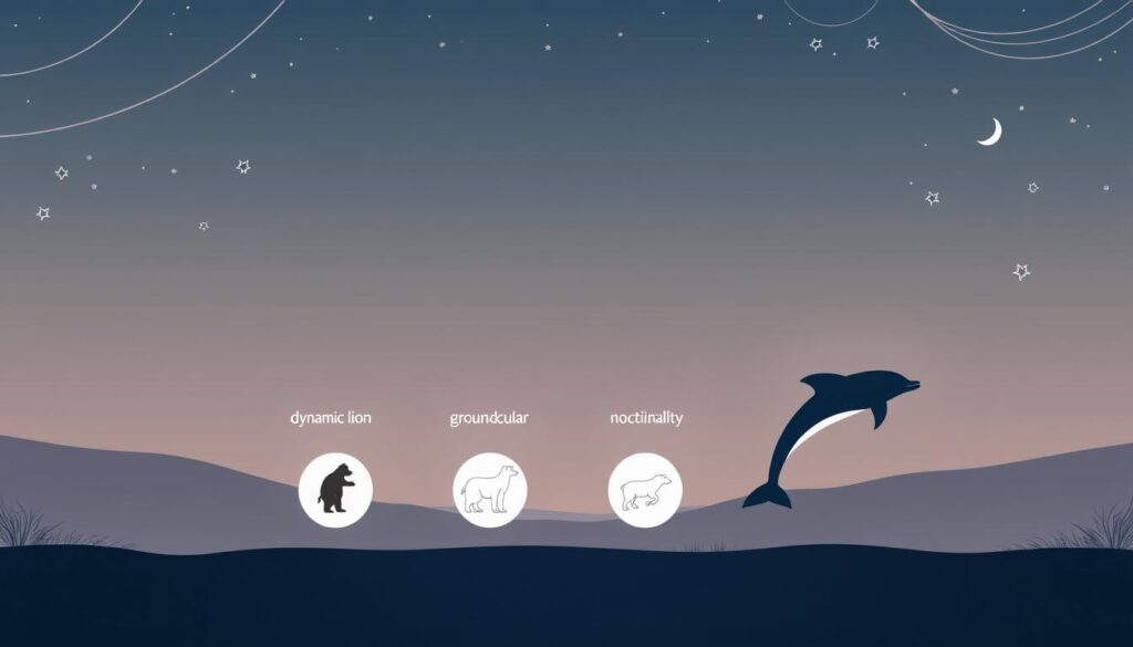 A detailed illustration showcasing the four distinct chronotype results: a dynamic lion, a grounded bear, a crepuscular wolf, and a nocturnal dolphin. The foreground depicts these four archetypes in a balanced, minimalist layout, each represented by a simplified icon or symbol. The middle ground features a serene, nature-inspired backdrop with muted tones and subtle textural elements, creating a sense of tranquility. The background subtly hints at the cyclical nature of sleep patterns, incorporating delicate lines, soft gradients, and muted celestial motifs. The overall composition conveys a clean, elegant, and informative visual representation of the different chronotype profiles. A detailed illustration showcasing the four distinct chronotype results: a dynamic lion, a grounded bear, a crepuscular wolf, and a nocturnal dolphin. The foreground depicts these four archetypes in a balanced, minimalist layout, each represented by a simplified icon or symbol. The middle ground features a serene, nature-inspired backdrop with muted tones and subtle textural elements, creating a sense of tranquility. The background subtly hints at the cyclical nature of sleep patterns, incorporating delicate lines, soft gradients, and muted celestial motifs. The overall composition conveys a clean, elegant, and informative visual representation of the different chronotype profiles.