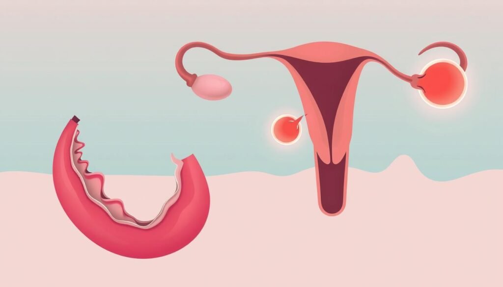 A detailed illustration showcasing the phases of the menstrual cycle. In the foreground, a stylized uterus with its lining thickening and shedding. In the middle ground, ovarian follicles maturing and rupturing, releasing an egg. In the background, hormonal fluctuations represented by softly glowing gradients. The color palette evokes the natural hues of the body, with a sense of biological harmony and intricate processes. Soft, muted lighting captures the delicate nature of this intimate cycle. Rendered with a clean, minimalist aesthetic to emphasize the anatomical and physiological components.