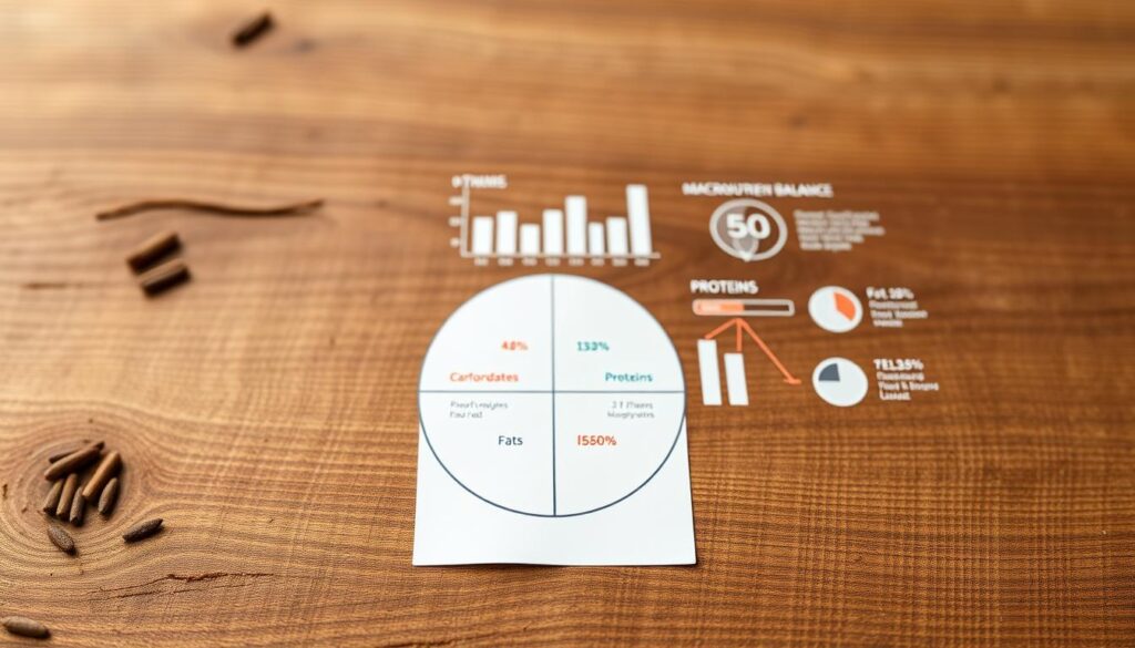 A detailed macronutrient balance diagram displayed on a wood-textured background. In the foreground, a circular chart shows the ideal ratios of carbohydrates, proteins, and fats for maintaining healthy blood sugar levels. The middle ground features clean infographic elements like bar graphs and pie charts, illustrating the specific macronutrient amounts. The background is softly lit, creating a warm, natural atmosphere that complements the earthy tones. The overall composition is visually striking, conveying the importance of a balanced diet for hormone regulation in a clear, informative manner.