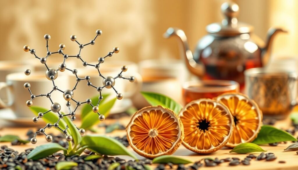 A detailed, scientifically accurate illustration of the key energy-boosting compounds found in different types of tea. In the foreground, meticulously rendered molecular structures of caffeine, L-theanine, and other bioactive compounds, arranged in a dynamic, interconnected display. The middle ground showcases vibrant cross-sections of tea leaves, revealing the internal composition and distribution of these vital ingredients. In the background, a softly blurred array of steaming tea cups and teapots, creating a sense of context and functionality. Rendered with a clean, crisp aesthetic and warm, natural lighting to evoke the restorative, rejuvenating properties of the featured teas.