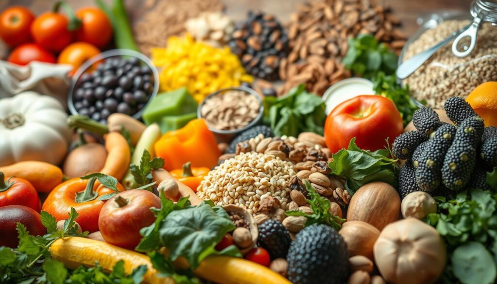 A detailed still life composition showcasing a diverse array of nutritious whole foods. In the foreground, a variety of fresh fruits and vegetables are arranged artfully, their vibrant colors and natural textures capturing the eye. The middle ground features various plant-based protein sources such as legumes, nuts, and seeds, while the background highlights whole grains, healthy fats, and fiber-rich foods. The lighting is warm and soft, emphasizing the natural beauty and nutritional richness of these nourishing ingredients. Captured with a shallow depth of field, the scene exudes a sense of balance, harmony, and the abundance of plant-based nutrition. A detailed still life composition showcasing a diverse array of nutritious whole foods. In the foreground, a variety of fresh fruits and vegetables are arranged artfully, their vibrant colors and natural textures capturing the eye. The middle ground features various plant-based protein sources such as legumes, nuts, and seeds, while the background highlights whole grains, healthy fats, and fiber-rich foods. The lighting is warm and soft, emphasizing the natural beauty and nutritional richness of these nourishing ingredients. Captured with a shallow depth of field, the scene exudes a sense of balance, harmony, and the abundance of plant-based nutrition.