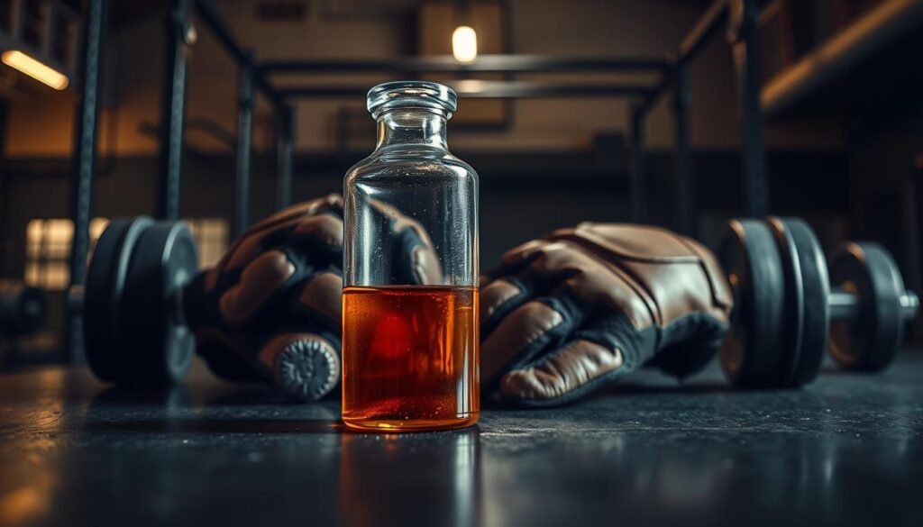 A detailed still-life scene of cortisol and its relationship to training. In the foreground, a glass vial filled with a viscous, amber-colored liquid representing cortisol. In the middle ground, a pair of worn, well-used weightlifting gloves, symbolizing the physical stress of training. The background depicts a dimly lit, industrial gym setting, with steel racks and weights casting dramatic shadows. The lighting is moody, with a mix of warm and cool tones to convey the complex interplay between cortisol and exercise. The overall atmosphere is one of contemplation, highlighting the delicate balance between the benefits and risks of training stress on the body's hormonal system. A detailed still-life scene of cortisol and its relationship to training. In the foreground, a glass vial filled with a viscous, amber-colored liquid representing cortisol. In the middle ground, a pair of worn, well-used weightlifting gloves, symbolizing the physical stress of training. The background depicts a dimly lit, industrial gym setting, with steel racks and weights casting dramatic shadows. The lighting is moody, with a mix of warm and cool tones to convey the complex interplay between cortisol and exercise. The overall atmosphere is one of contemplation, highlighting the delicate balance between the benefits and risks of training stress on the body's hormonal system.