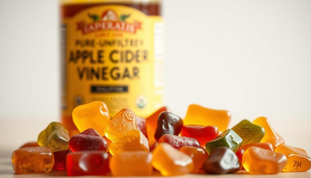 A detailed still life scene, shot with a macro lens in natural lighting. In the foreground, a group of colorful gummy supplements in various shapes and flavors, arranged artfully. Behind them, a glass container filled with deep amber-colored liquid - pure, unfiltered apple cider vinegar. The background is blurred, keeping the focus on the two contrasting subjects. The lighting is soft and diffused, creating a warm, inviting atmosphere that highlights the textures and colors of the objects. The composition is balanced, with the gummies and the vinegar container occupying equal visual space, inviting the viewer to compare and contrast their physical properties and potential benefits. A detailed still life scene, shot with a macro lens in natural lighting. In the foreground, a group of colorful gummy supplements in various shapes and flavors, arranged artfully. Behind them, a glass container filled with deep amber-colored liquid - pure, unfiltered apple cider vinegar. The background is blurred, keeping the focus on the two contrasting subjects. The lighting is soft and diffused, creating a warm, inviting atmosphere that highlights the textures and colors of the objects. The composition is balanced, with the gummies and the vinegar container occupying equal visual space, inviting the viewer to compare and contrast their physical properties and potential benefits.