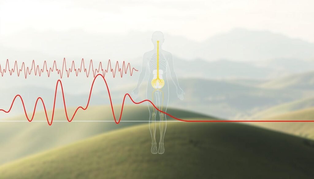A detailed visualization of heart rate variability data, illustrating the vagus nerve reset process. The foreground displays a waveform graph of heart rate fluctuations over time, with peaks and valleys indicating autonomic nervous system activity. The middle ground features a stylized anatomical diagram of the vagus nerve, its pathways through the body highlighted. The background depicts a serene, calming landscape - perhaps rolling hills or a peaceful nature scene - to convey the tranquil, restorative effects of the vagus nerve reset. The lighting is soft and diffuse, creating a contemplative atmosphere. The composition balances technical precision with an artistic, almost meditative quality.