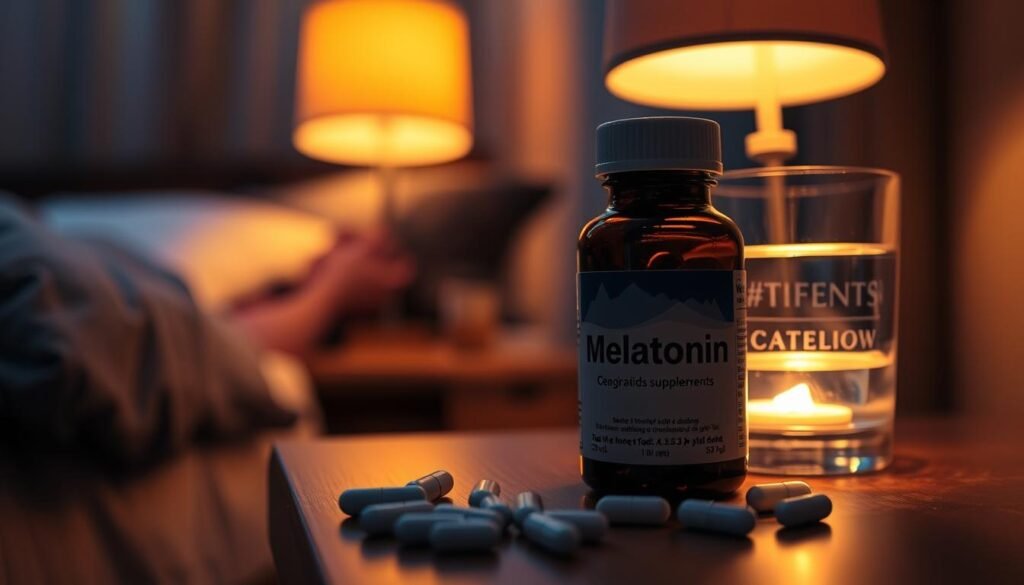 A dimly lit bedroom at night, with a bedside table holding a bottle of melatonin supplements. The nightstand lamp casts a warm, amber glow, illuminating the pills and a glass of water. The scene conveys a sense of exhaustion and the struggle to find restful sleep. The background fades into a soft, hazy blur, focusing the viewer's attention on the melatonin bottle, which takes center stage as the protagonist of the image. The overall mood is one of unease and the potential for long-term consequences of over-reliance on sleep aids. A dimly lit bedroom at night, with a bedside table holding a bottle of melatonin supplements. The nightstand lamp casts a warm, amber glow, illuminating the pills and a glass of water. The scene conveys a sense of exhaustion and the struggle to find restful sleep. The background fades into a soft, hazy blur, focusing the viewer's attention on the melatonin bottle, which takes center stage as the protagonist of the image. The overall mood is one of unease and the potential for long-term consequences of over-reliance on sleep aids.