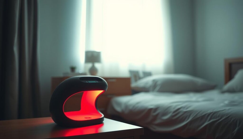 A dimly lit bedroom at night, with a warm, soft glow emanating from a red light therapy device placed on a nightstand. The light casts a gentle, soothing radiance across the room, creating a calming and relaxing atmosphere. The device is positioned in the foreground, with the bedroom's details, such as a cozy bed and minimal decor, visible in the middle ground. The background is slightly blurred, emphasizing the focus on the red light and its therapeutic effect. The overall scene conveys a sense of tranquility, inviting the viewer to envision the peaceful experience of using red light therapy before bedtime. A dimly lit bedroom at night, with a warm, soft glow emanating from a red light therapy device placed on a nightstand. The light casts a gentle, soothing radiance across the room, creating a calming and relaxing atmosphere. The device is positioned in the foreground, with the bedroom's details, such as a cozy bed and minimal decor, visible in the middle ground. The background is slightly blurred, emphasizing the focus on the red light and its therapeutic effect. The overall scene conveys a sense of tranquility, inviting the viewer to envision the peaceful experience of using red light therapy before bedtime.