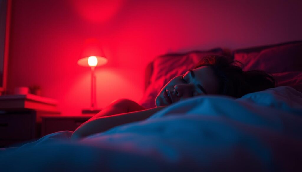 A dimly lit bedroom bathed in a warm, red glow. A person sleeps peacefully, their face cast in a soft, crimson light. The room is cozy and tranquil, with minimal furnishings and muted tones. The lighting comes from a single, red-tinted lamp, casting a gentle, therapeutic radiance across the scene. The atmosphere is calming and serene, inviting a sense of deep relaxation and restoration. The camera angle is low, capturing the scene from a natural, eye-level perspective, creating a sense of intimacy and immersion. The overall mood is one of restorative sleep, enhanced by the therapeutic effects of the red light. A dimly lit bedroom bathed in a warm, red glow. A person sleeps peacefully, their face cast in a soft, crimson light. The room is cozy and tranquil, with minimal furnishings and muted tones. The lighting comes from a single, red-tinted lamp, casting a gentle, therapeutic radiance across the scene. The atmosphere is calming and serene, inviting a sense of deep relaxation and restoration. The camera angle is low, capturing the scene from a natural, eye-level perspective, creating a sense of intimacy and immersion. The overall mood is one of restorative sleep, enhanced by the therapeutic effects of the red light.