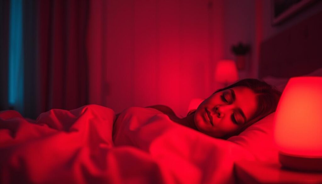 A dimly lit bedroom filled with a warm, crimson glow, casting a tranquil atmosphere. In the foreground, a person rests peacefully on a comfortable bed, their face illuminated by the soft, red light emanating from a lamp or device. The lighting creates an intimate, soothing ambiance, evoking a sense of relaxation and priming the body for restorative sleep. The middle ground features subtle, blurred details of the bedroom interior, while the background remains hazy, focused on the calming red light. The overall scene conveys the idea of "red light sleep," a practice that aims to maintain the body's natural circadian rhythms and promote healthy, restful slumber. A dimly lit bedroom filled with a warm, crimson glow, casting a tranquil atmosphere. In the foreground, a person rests peacefully on a comfortable bed, their face illuminated by the soft, red light emanating from a lamp or device. The lighting creates an intimate, soothing ambiance, evoking a sense of relaxation and priming the body for restorative sleep. The middle ground features subtle, blurred details of the bedroom interior, while the background remains hazy, focused on the calming red light. The overall scene conveys the idea of "red light sleep," a practice that aims to maintain the body's natural circadian rhythms and promote healthy, restful slumber.