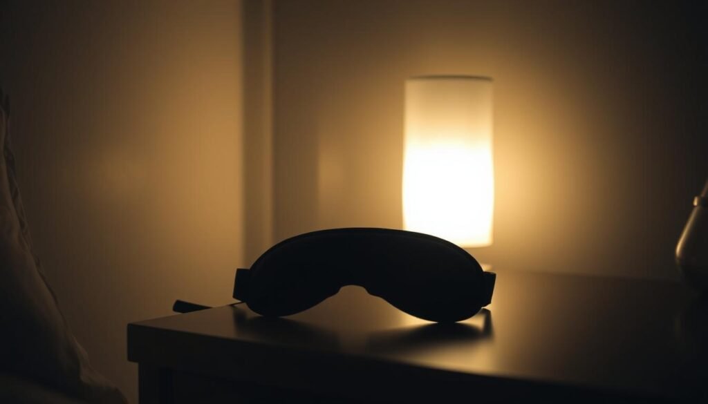 A dimly lit bedroom with a soft, diffused light illuminating a sleep mask resting on a nightstand. The mask is made of a dark, opaque material that effectively blocks ambient light, casting a sharp shadow across the surface. The lighting is carefully controlled, creating a subtle gradient from the brightest area near the mask to the deeper shadows in the background. The overall atmosphere is calming and conducive to sleep, with a sense of tranquility and repose.