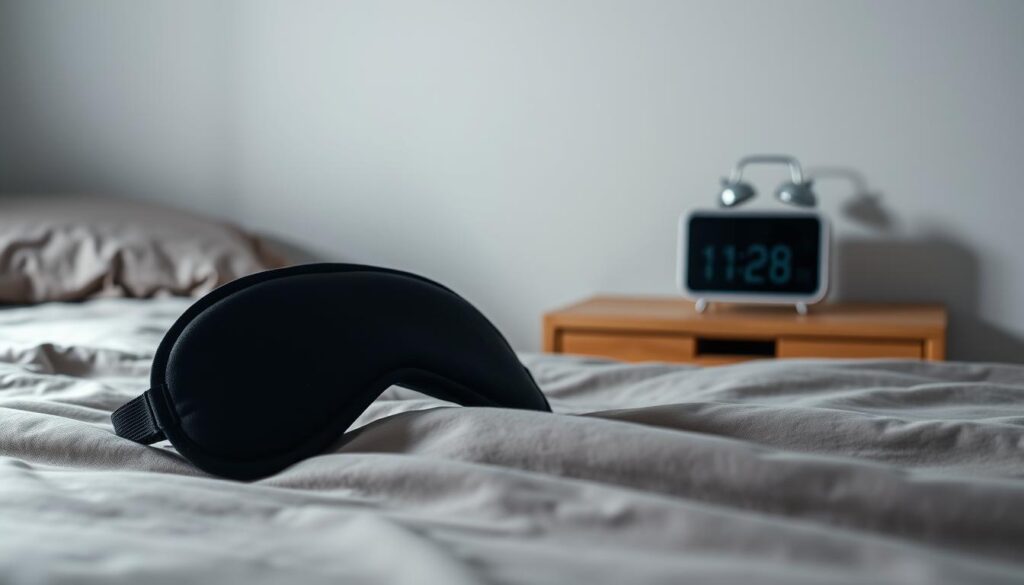 A dimly lit, clean and minimalist bedroom scene. In the foreground, a sleep mask rests on a plush, muted-tone bedsheet, its interior lining exposed to reveal the blackout material. Soft, diffused lighting illuminates the mask, casting subtle shadows that highlight its contours. In the middle ground, a sleek, modern alarm clock sits on a simple, uncluttered nightstand, its digital display blacked out, simulating the effectiveness of the mask. The background features a plain, neutral-colored wall, creating a serene, calming atmosphere. The overall composition emphasizes the blackout capabilities of the sleep mask and its role in creating a restful, distraction-free sleep environment. A dimly lit, clean and minimalist bedroom scene. In the foreground, a sleep mask rests on a plush, muted-tone bedsheet, its interior lining exposed to reveal the blackout material. Soft, diffused lighting illuminates the mask, casting subtle shadows that highlight its contours. In the middle ground, a sleek, modern alarm clock sits on a simple, uncluttered nightstand, its digital display blacked out, simulating the effectiveness of the mask. The background features a plain, neutral-colored wall, creating a serene, calming atmosphere. The overall composition emphasizes the blackout capabilities of the sleep mask and its role in creating a restful, distraction-free sleep environment.