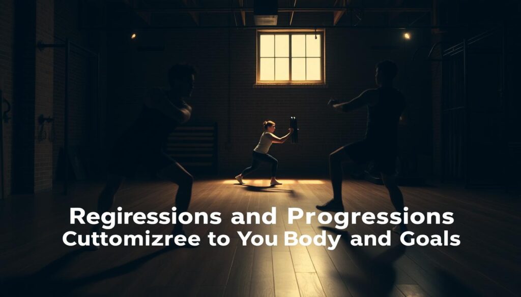 A dimly lit gym interior, with a wooden floor and exposed brick walls. In the foreground, two figures perform a regression exercise, their bodies in perfect alignment, conveying control and stability. In the middle ground, another pair executes a progression, their movements fluid and dynamic, showcasing increased range of motion. Soft, warm lighting bathes the scene, creating a sense of focus and intentionality. The atmosphere is one of subtle strength and deliberate progression, capturing the essence of "Regressions and Progressions: Customize to Your Body and Goals".