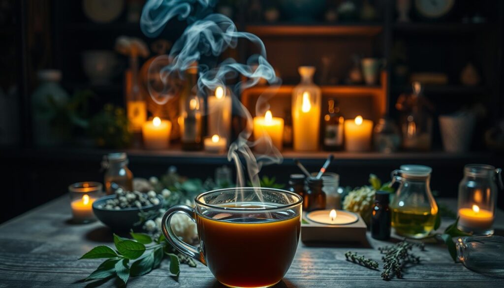 A dimly lit herbal apothecary, the soft glow of candles illuminating a table adorned with an array of medicinal plants and essential oils. In the foreground, a cup of steaming tea, its fragrant steam rising into the air, symbolizing the soothing and restorative properties of these ancient remedies. Overhead, a diffuse, warm lighting creates a cozy, inviting atmosphere, while the depth of field blurs the background, drawing the viewer's attention to the central focus – the natural tools for combating burnout and restoring balance.