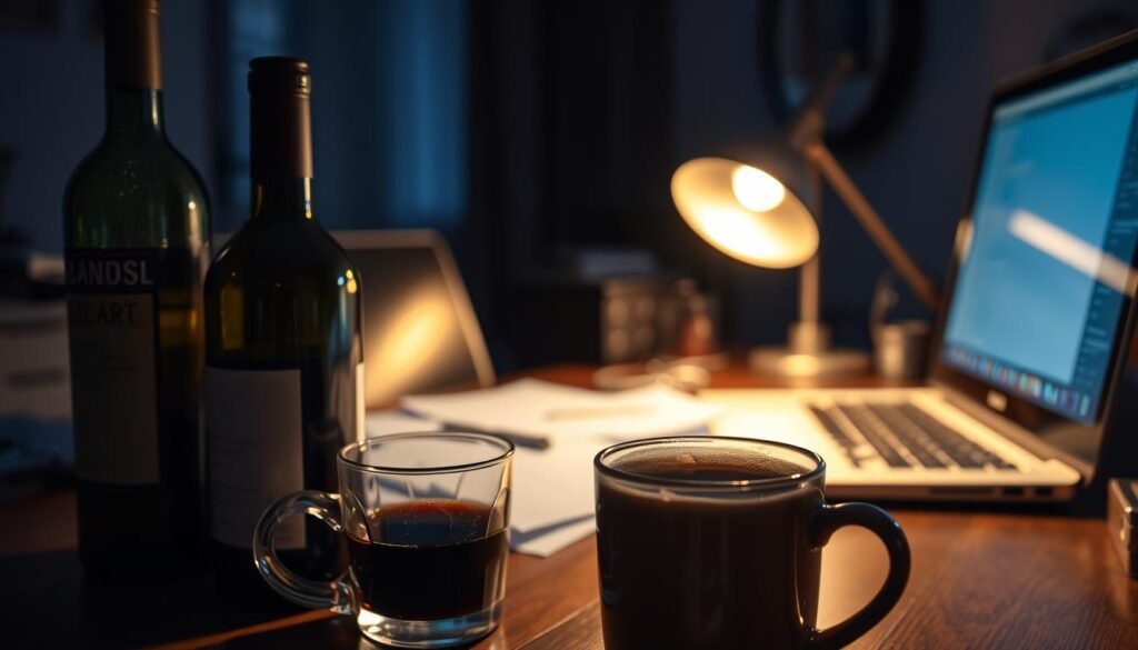 A dimly lit home office at night, with a desk cluttered with caffeine and alcohol-based beverages. In the foreground, a steaming mug of coffee sits alongside an open bottle of wine, their contrasting colors and textures creating a visual tension. The middle ground features a laptop, papers, and a desk lamp casting a warm, golden glow, hinting at late-night work. The background blurs into a shadowy, contemplative atmosphere, suggesting the struggle to balance productivity and relaxation. The image conveys the delicate interplay between these common "sleep blockers" and the challenge of maintaining healthy sleep hygiene. A dimly lit home office at night, with a desk cluttered with caffeine and alcohol-based beverages. In the foreground, a steaming mug of coffee sits alongside an open bottle of wine, their contrasting colors and textures creating a visual tension. The middle ground features a laptop, papers, and a desk lamp casting a warm, golden glow, hinting at late-night work. The background blurs into a shadowy, contemplative atmosphere, suggesting the struggle to balance productivity and relaxation. The image conveys the delicate interplay between these common "sleep blockers" and the challenge of maintaining healthy sleep hygiene.