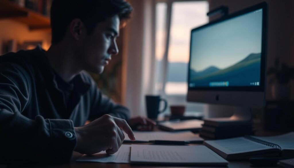 A dimly lit home office, the soft glow of a computer screen illuminating the face of a person deep in thought. In the foreground, a hand rests on a desk, fingers gently tapping as the person engages in a mindful practice known as "tapping" - a therapeutic technique that aims to alleviate anxiety and stress. The mid-ground showcases research materials, books, and notes, suggesting a process of learning and exploration. The background fades into a serene, blurred landscape, conveying a sense of introspection and discovery. The lighting is warm and subtle, creating a contemplative atmosphere. The overall scene captures the essence of research and personal growth, inviting the viewer to consider the potential benefits of this intriguing practice. A dimly lit home office, the soft glow of a computer screen illuminating the face of a person deep in thought. In the foreground, a hand rests on a desk, fingers gently tapping as the person engages in a mindful practice known as "tapping" - a therapeutic technique that aims to alleviate anxiety and stress. The mid-ground showcases research materials, books, and notes, suggesting a process of learning and exploration. The background fades into a serene, blurred landscape, conveying a sense of introspection and discovery. The lighting is warm and subtle, creating a contemplative atmosphere. The overall scene captures the essence of research and personal growth, inviting the viewer to consider the potential benefits of this intriguing practice.
