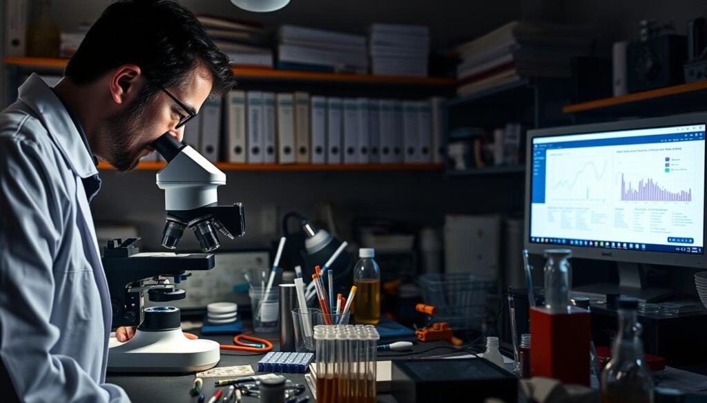A dimly lit laboratory setting, with an assortment of medical equipment, test tubes, and scientific instruments arranged on a cluttered workbench. In the foreground, a researcher in a white lab coat examines a sample under a high-powered microscope, their face illuminated by the soft glow of the instrument. The background is hazy, with shelves of reference materials and a computer monitor displaying graphs and data visualizations related to EFT (Emotional Freedom Techniques) research. The overall atmosphere conveys a sense of scientific inquiry and the pursuit of understanding the mechanisms behind the tapping therapy. A dimly lit laboratory setting, with an assortment of medical equipment, test tubes, and scientific instruments arranged on a cluttered workbench. In the foreground, a researcher in a white lab coat examines a sample under a high-powered microscope, their face illuminated by the soft glow of the instrument. The background is hazy, with shelves of reference materials and a computer monitor displaying graphs and data visualizations related to EFT (Emotional Freedom Techniques) research. The overall atmosphere conveys a sense of scientific inquiry and the pursuit of understanding the mechanisms behind the tapping therapy.