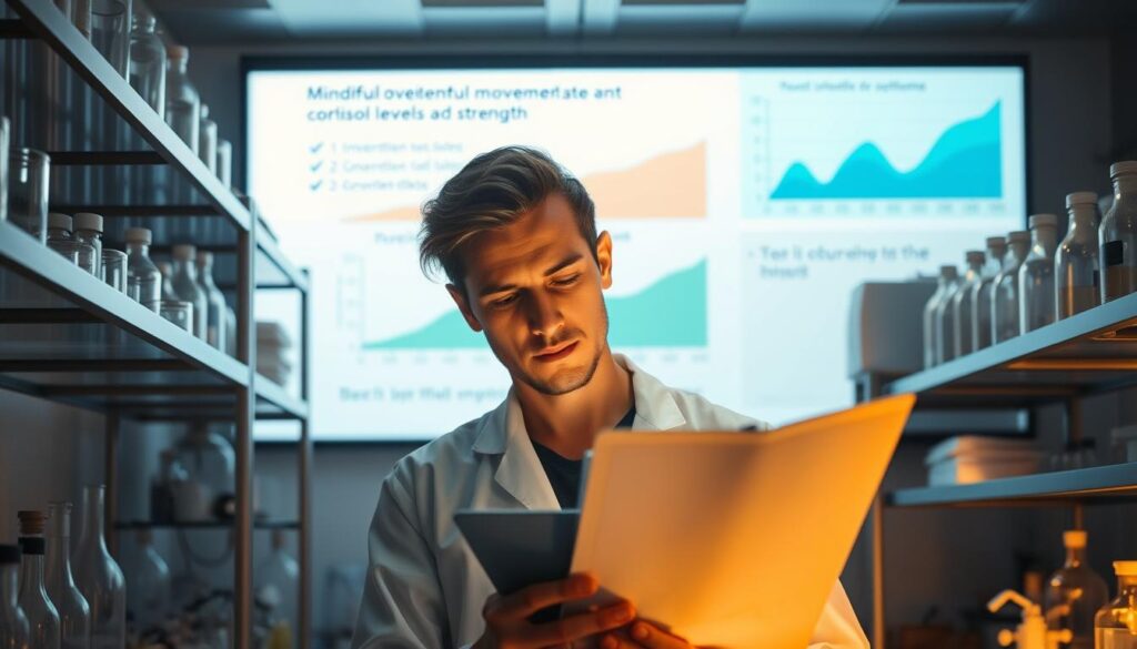 A dimly lit laboratory setting, with scientific instruments and glassware on sleek metal shelves. In the center, a researcher examines a clipboard, deep in contemplation, their brow furrowed. Soft, warm lighting casts a pensive glow, highlighting the thoughtful expression. In the background, a large screen displays a graph, depicting a study's results - the effects of mindful movement on cortisol levels and strength. The scene conveys a sense of focused, evidence-driven inquiry, inviting the viewer to consider the latest scientific insights on the benefits of mindful practice.