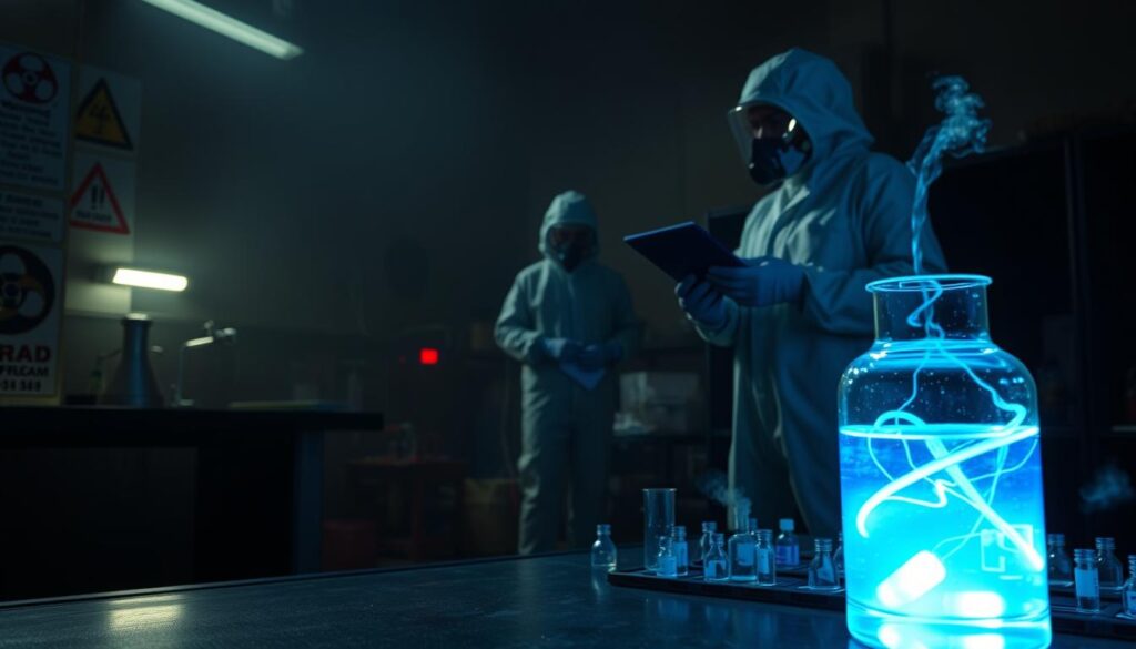 A dimly lit laboratory setting with various warning signs and hazard symbols scattered throughout. In the foreground, a glass beaker filled with a glowing, neon-colored liquid sits on a metal lab table, surrounded by a swirling mist. In the middle ground, a person in a hazmat suit stands examining a clipboard, their expression obscured by the suit's reflective visor. The background is hazy, with ominous shadows and the silhouettes of lab equipment looming ominously. The overall atmosphere conveys a sense of potential danger and the need for caution when handling hazardous materials. A dimly lit laboratory setting with various warning signs and hazard symbols scattered throughout. In the foreground, a glass beaker filled with a glowing, neon-colored liquid sits on a metal lab table, surrounded by a swirling mist. In the middle ground, a person in a hazmat suit stands examining a clipboard, their expression obscured by the suit's reflective visor. The background is hazy, with ominous shadows and the silhouettes of lab equipment looming ominously. The overall atmosphere conveys a sense of potential danger and the need for caution when handling hazardous materials.
