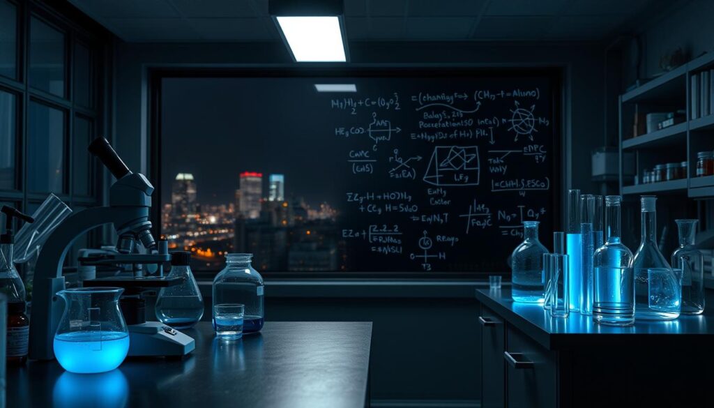 A dimly lit laboratory with various scientific equipment and glassware on the countertops. In the foreground, a microscope, a beaker filled with a glowing blue liquid, and a set of test tubes arranged neatly. In the middle ground, a chalkboard with complex mathematical equations and chemical formulas written on it. The background features a large window overlooking a cityscape at night, with the faint glow of streetlights and skyscrapers visible. The overall mood is one of scientific curiosity and discovery, with a sense of focus and determination.
