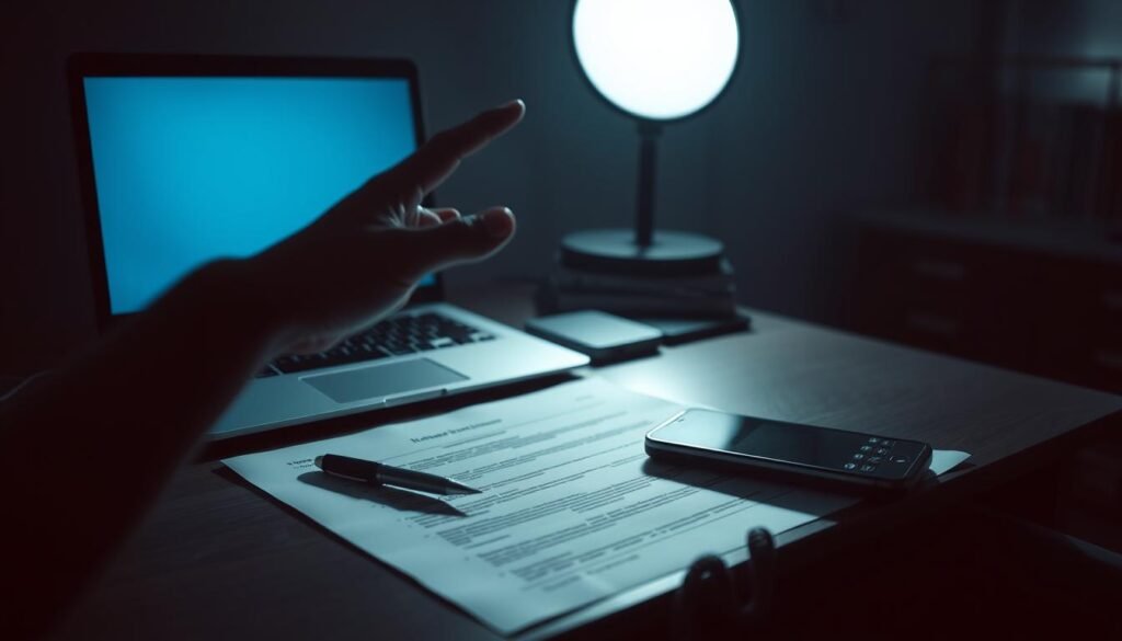 A dimly lit office, a laptop screen casting an eerie glow. On the desk, a stack of legal documents, a pen, and a phone. In the foreground, a hand reaching for the phone, signifying the impending intrusion of law enforcement into private digital spaces. The atmosphere is tense, conveying the sense of vulnerability and the fragility of digital privacy. Soft shadows elongate across the scene, adding depth and a sense of unease. The image is captured with a shallow depth of field, keeping the focus on the central elements and hinting at the broader implications of law enforcement data access. A dimly lit office, a laptop screen casting an eerie glow. On the desk, a stack of legal documents, a pen, and a phone. In the foreground, a hand reaching for the phone, signifying the impending intrusion of law enforcement into private digital spaces. The atmosphere is tense, conveying the sense of vulnerability and the fragility of digital privacy. Soft shadows elongate across the scene, adding depth and a sense of unease. The image is captured with a shallow depth of field, keeping the focus on the central elements and hinting at the broader implications of law enforcement data access.