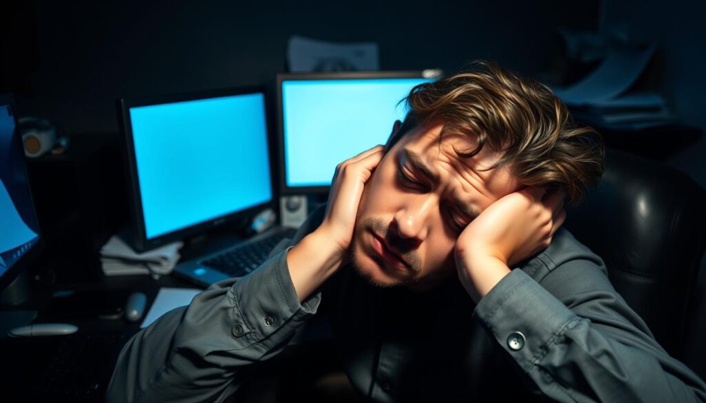A dimly lit office scene with a fatigued person resting their head in their hands, eyes strained and reddened. The desk is cluttered with electronic devices and paperwork, casting a harsh blue-tinted glow across the scene. The lighting is low, creating deep shadows that accentuate the person's weary expression. The camera angle is slightly elevated, creating a sense of the viewer looking down upon the subject, emphasizing the evidence of eye strain. The overall mood is one of exhaustion and the toll of prolonged digital screen use. A dimly lit office scene with a fatigued person resting their head in their hands, eyes strained and reddened. The desk is cluttered with electronic devices and paperwork, casting a harsh blue-tinted glow across the scene. The lighting is low, creating deep shadows that accentuate the person's weary expression. The camera angle is slightly elevated, creating a sense of the viewer looking down upon the subject, emphasizing the evidence of eye strain. The overall mood is one of exhaustion and the toll of prolonged digital screen use.