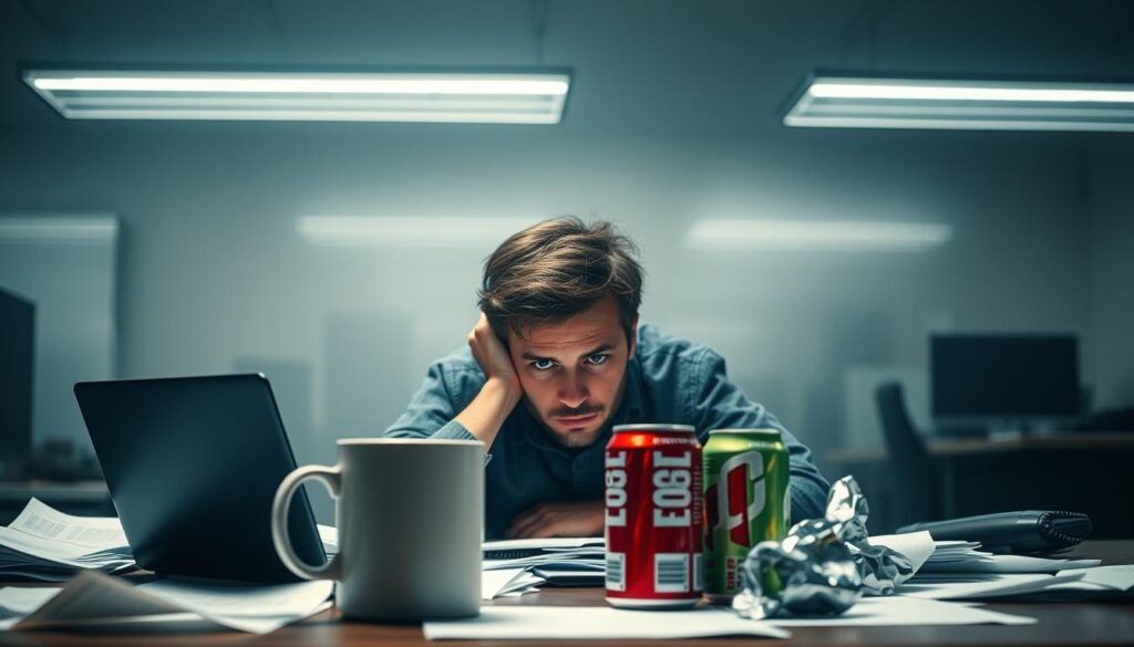 A dimly lit office space, the overhead fluorescent lights casting a harsh, sickly glow. In the foreground, a weary-looking person hunched over a cluttered desk, laptop and papers strewn around them. Their expression is one of exhaustion, their eyes strained and unfocused. The middle ground features an empty coffee mug and crumpled energy drink cans, a testament to the long hours and relentless pace. The background is hazy, with a sense of isolation and detachment, as if the individual has become disconnected from their surroundings. The overall atmosphere conveys the overwhelming sense of "burnout often" - the toll taken on high-functioning individuals who push themselves to the brink, their mental and physical well-being eroding away, often unnoticed by those around them. A dimly lit office space, the overhead fluorescent lights casting a harsh, sickly glow. In the foreground, a weary-looking person hunched over a cluttered desk, laptop and papers strewn around them. Their expression is one of exhaustion, their eyes strained and unfocused. The middle ground features an empty coffee mug and crumpled energy drink cans, a testament to the long hours and relentless pace. The background is hazy, with a sense of isolation and detachment, as if the individual has become disconnected from their surroundings. The overall atmosphere conveys the overwhelming sense of "burnout often" - the toll taken on high-functioning individuals who push themselves to the brink, their mental and physical well-being eroding away, often unnoticed by those around them.