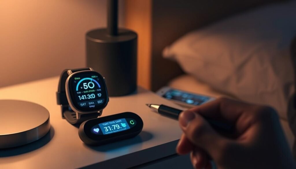 A dimly lit room, with a nightstand displaying a smartwatch and sleep tracking device. The display shows detailed sleep data, including sleep stages, heart rate, and breathing patterns. In the foreground, a hand holds a pen, ready to analyze the data. The background is blurred, emphasizing the focus on the sleep tracking devices and their insights. The lighting is warm and cozy, creating a relaxing atmosphere for the viewer to immerse themselves in the process of understanding their sleep patterns.
