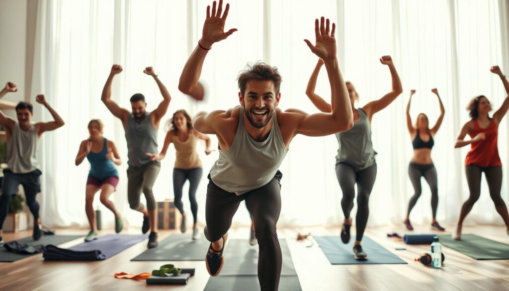 A dynamic and energetic scene of a person engaged in a full-body workout, set against a bright, airy background. The foreground features a person mid-motion, muscles engaged, face flushed with exertion, demonstrating a variety of exercises such as jumping jacks, squats, and arm raises. The middle ground showcases fitness equipment like resistance bands, yoga mats, and water bottles, conveying a sense of a dedicated home or gym setting. The background is filled with vibrant natural light, creating an uplifting and rejuvenating atmosphere. The overall scene evokes a strong feeling of elevated energy, physical vitality, and the transformative power of regular exercise. A dynamic and energetic scene of a person engaged in a full-body workout, set against a bright, airy background. The foreground features a person mid-motion, muscles engaged, face flushed with exertion, demonstrating a variety of exercises such as jumping jacks, squats, and arm raises. The middle ground showcases fitness equipment like resistance bands, yoga mats, and water bottles, conveying a sense of a dedicated home or gym setting. The background is filled with vibrant natural light, creating an uplifting and rejuvenating atmosphere. The overall scene evokes a strong feeling of elevated energy, physical vitality, and the transformative power of regular exercise.