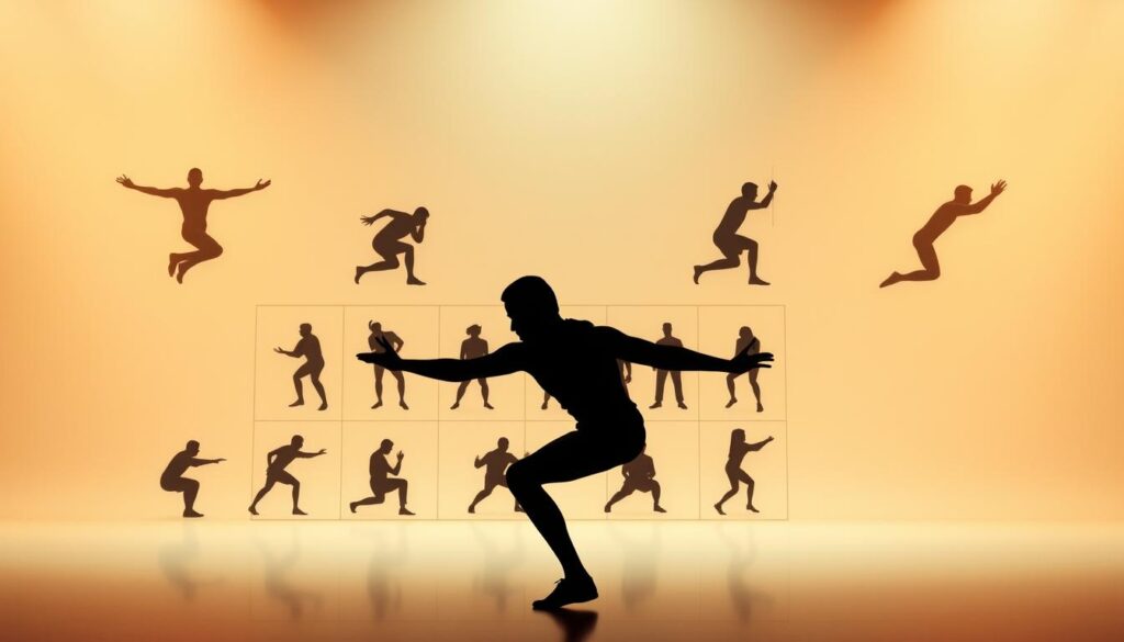 A dynamic composition showcasing primary movement patterns. In the foreground, a figure executing a series of fluid, full-body exercises, their limbs trailing ghostly afterimages that convey a sense of momentum and kinetic energy. The middle ground features a grid-like layout of simplified silhouettes illustrating fundamental movement archetypes - pushing, pulling, squatting, hinging, and rotating. The background is a soft, gradient-infused space, evoking a minimalist, technical aesthetic. Warm, directional lighting highlights the forms, casting dramatic shadows and creating a sense of depth and dimension. The overall tone is one of clinical precision blended with organic, natural movement - a harmonious interplay of structure and flow. A dynamic composition showcasing primary movement patterns. In the foreground, a figure executing a series of fluid, full-body exercises, their limbs trailing ghostly afterimages that convey a sense of momentum and kinetic energy. The middle ground features a grid-like layout of simplified silhouettes illustrating fundamental movement archetypes - pushing, pulling, squatting, hinging, and rotating. The background is a soft, gradient-infused space, evoking a minimalist, technical aesthetic. Warm, directional lighting highlights the forms, casting dramatic shadows and creating a sense of depth and dimension. The overall tone is one of clinical precision blended with organic, natural movement - a harmonious interplay of structure and flow.