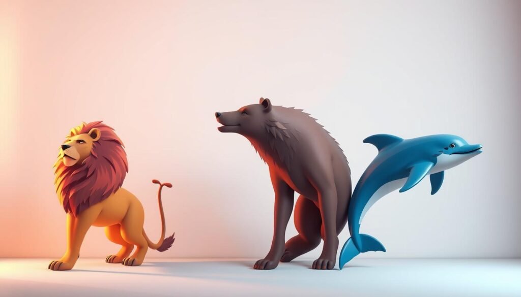 A dynamic, digital illustration depicting the four distinct chronotypes - Lion, Bear, Wolf, and Dolphin. The scene showcases each archetype in a vibrant, highly detailed representation, set against a minimalist, pastel-toned background. The Lion stands proud, exuding energy and determination. The Bear radiates a sense of grounded stability. The Wolf embodies a free-spirited, creative nature. The Dolphin exhibits a thoughtful, introspective demeanor. Warm lighting from the left casts a soft, natural glow, while a subtle, cool-toned gradient in the background creates depth and visual interest. Rendered in a clean, contemporary style, the image conveys the unique characteristics and sleep patterns associated with each chronotype. A dynamic, digital illustration depicting the four distinct chronotypes - Lion, Bear, Wolf, and Dolphin. The scene showcases each archetype in a vibrant, highly detailed representation, set against a minimalist, pastel-toned background. The Lion stands proud, exuding energy and determination. The Bear radiates a sense of grounded stability. The Wolf embodies a free-spirited, creative nature. The Dolphin exhibits a thoughtful, introspective demeanor. Warm lighting from the left casts a soft, natural glow, while a subtle, cool-toned gradient in the background creates depth and visual interest. Rendered in a clean, contemporary style, the image conveys the unique characteristics and sleep patterns associated with each chronotype.
