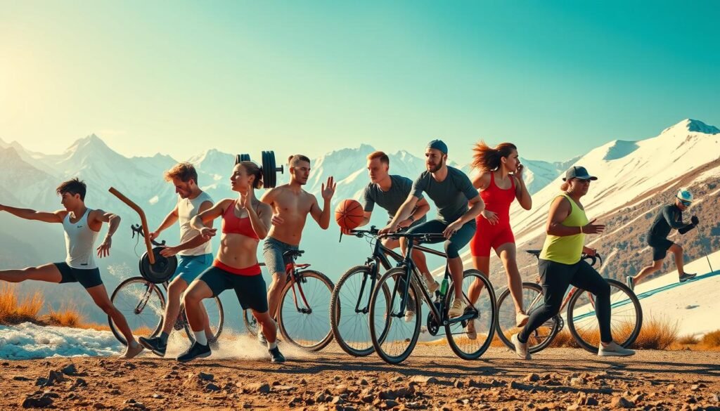 A dynamic group of diverse athletes engaged in various sports, each with unique physical and nutritional needs. In the foreground, a sprinter stretches their legs, a swimmer glides through the water, and a weightlifter prepares to lift. In the middle ground, a basketball player dribbles, a cyclist powers through a ride, and a yoga practitioner balances in a pose. The background features a mountainous landscape, with a runner scaling a trail and a skier carving through the snow. Warm, natural lighting illuminates the scene, capturing the individuality and intensity of each athlete's training regimen. The composition conveys the idea that different athletic pursuits require tailored approaches to optimize performance and health. A dynamic group of diverse athletes engaged in various sports, each with unique physical and nutritional needs. In the foreground, a sprinter stretches their legs, a swimmer glides through the water, and a weightlifter prepares to lift. In the middle ground, a basketball player dribbles, a cyclist powers through a ride, and a yoga practitioner balances in a pose. The background features a mountainous landscape, with a runner scaling a trail and a skier carving through the snow. Warm, natural lighting illuminates the scene, capturing the individuality and intensity of each athlete's training regimen. The composition conveys the idea that different athletic pursuits require tailored approaches to optimize performance and health.