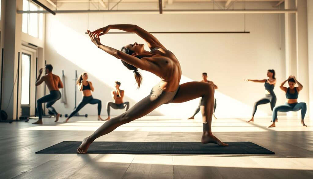 A dynamic scene of human movement and flexibility, captured in a bright, natural-lit studio setting. In the foreground, a lithe figure stretches and contorts their body, showcasing the fluid motion and control of their musculature. The middle ground features other individuals in various states of mobility, from deep squats to lunges and twists, all bathed in warm, diffused lighting. The background depicts a minimalist, yet functional gym environment, with sleek equipment and architectural details that complement the organic shapes and poses of the subjects. The overall atmosphere conveys a sense of empowerment, wellness, and the beauty of the human form in motion. A dynamic scene of human movement and flexibility, captured in a bright, natural-lit studio setting. In the foreground, a lithe figure stretches and contorts their body, showcasing the fluid motion and control of their musculature. The middle ground features other individuals in various states of mobility, from deep squats to lunges and twists, all bathed in warm, diffused lighting. The background depicts a minimalist, yet functional gym environment, with sleek equipment and architectural details that complement the organic shapes and poses of the subjects. The overall atmosphere conveys a sense of empowerment, wellness, and the beauty of the human form in motion.