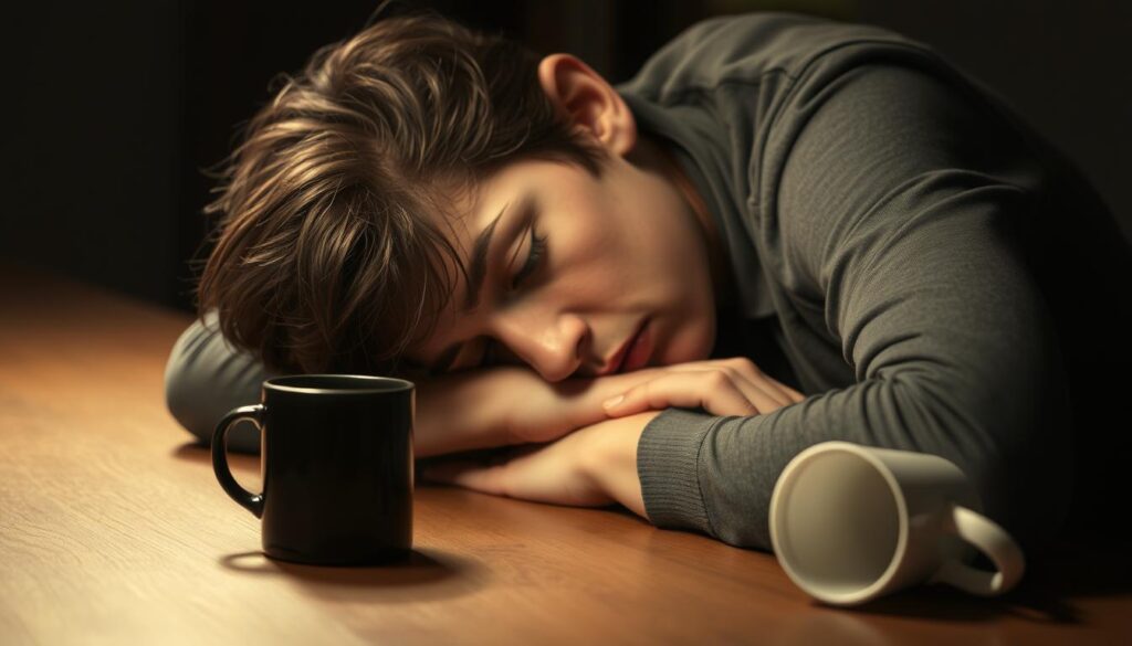 A fatigued person slumped over a table, their head resting on their arms, with an empty coffee cup nearby. The scene is dimly lit, creating a moody, somber atmosphere. The person's expression conveys a sense of exhaustion and defeat, highlighting the limitations of relying solely on caffeine to combat fatigue. The background is blurred, drawing the viewer's focus to the central figure and the symbolic representation of the coffee cup, emphasizing the idea that there are more effective ways to boost energy than just consuming coffee. A fatigued person slumped over a table, their head resting on their arms, with an empty coffee cup nearby. The scene is dimly lit, creating a moody, somber atmosphere. The person's expression conveys a sense of exhaustion and defeat, highlighting the limitations of relying solely on caffeine to combat fatigue. The background is blurred, drawing the viewer's focus to the central figure and the symbolic representation of the coffee cup, emphasizing the idea that there are more effective ways to boost energy than just consuming coffee.