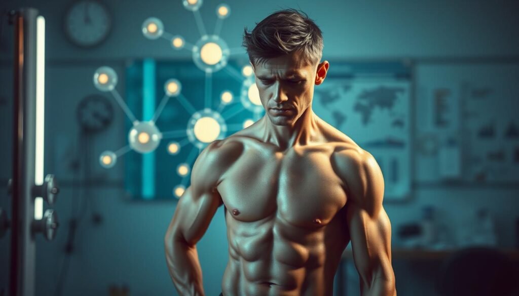 A figure of a person experiencing the effects of overtraining, their body language and facial expression conveying exhaustion and stress. The foreground depicts the person, their muscles fatigued and posture slouched, with a weary gaze. The middle ground shows the person's hormonal system in disarray, represented by glowing orbs and disrupted energy flows. The background suggests a clinical or laboratory setting, with scientific instrumentation and charts alluding to the medical implications of overtraining on hormonal health. The scene is lit with a soft, clinical light, capturing the seriousness and gravity of the subject matter. The overall atmosphere evokes a sense of concern and the need for intervention to address the detrimental impact of overtraining on the individual's well-being. A figure of a person experiencing the effects of overtraining, their body language and facial expression conveying exhaustion and stress. The foreground depicts the person, their muscles fatigued and posture slouched, with a weary gaze. The middle ground shows the person's hormonal system in disarray, represented by glowing orbs and disrupted energy flows. The background suggests a clinical or laboratory setting, with scientific instrumentation and charts alluding to the medical implications of overtraining on hormonal health. The scene is lit with a soft, clinical light, capturing the seriousness and gravity of the subject matter. The overall atmosphere evokes a sense of concern and the need for intervention to address the detrimental impact of overtraining on the individual's well-being.