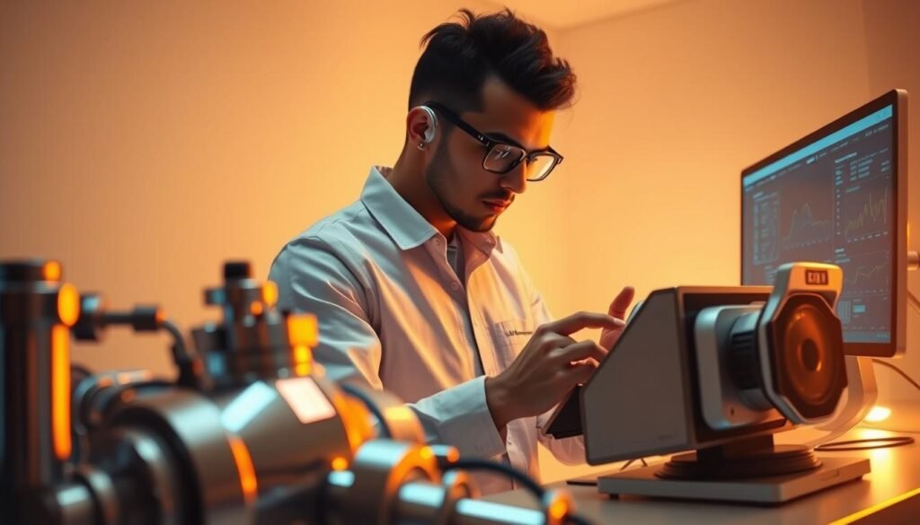 A futuristic, biohacking-inspired scene featuring a person intently focused on a high-tech device, surrounded by a minimalist, well-lit workspace. The foreground shows sleek, metallic instruments and monitors, conveying a sense of precision and control. The middle ground depicts the person, dressed in a clean, modern outfit, deeply engaged in customizing settings and data visualizations on their device. The background features a neutral, white-walled environment, emphasizing the clinical, scientific atmosphere. Warm, directional lighting casts a soft glow, creating depth and highlighting the person's task. The overall mood is one of intentionality, optimization, and a passion for self-improvement through technology.
