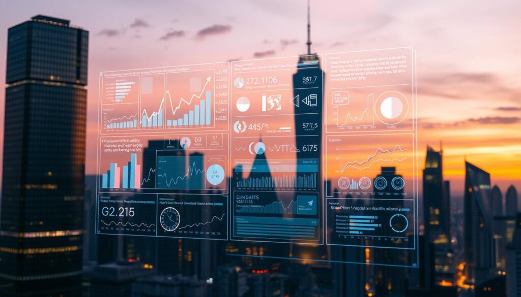 A futuristic cityscape at twilight, with skyscrapers of glass and steel soaring into the sky. In the foreground, a holographic display projects a series of graphs, charts, and data visualizations, conveying complex information about predicted trends, forecasts, and potential outcomes. The lighting is a warm, ambient glow, creating a sense of technological sophistication and forward-thinking. The cityscape in the background is a blend of realistic and fantastical elements, hinting at the advancements and innovations that shape the future. The overall atmosphere is one of contemplation and anticipation, inviting the viewer to ponder the accuracy, limits, and responsible use of predictive technologies.