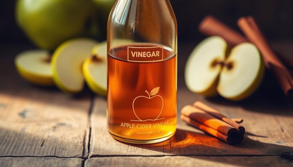 A glass bottle filled with amber-colored apple cider vinegar, resting on a rustic wooden surface. The bottle's label is minimalist, featuring a simple apple silhouette. The lighting casts warm, soft shadows, highlighting the viscous liquid's depth and transparency. In the background, a blurred, muted array of green apple slices and cinnamon sticks suggest the natural ingredients used to create this vinegar. The overall composition conveys a sense of quality, simplicity, and the potential health benefits, subtly contrasting with the article's focus on subpar ACV products. A glass bottle filled with amber-colored apple cider vinegar, resting on a rustic wooden surface. The bottle's label is minimalist, featuring a simple apple silhouette. The lighting casts warm, soft shadows, highlighting the viscous liquid's depth and transparency. In the background, a blurred, muted array of green apple slices and cinnamon sticks suggest the natural ingredients used to create this vinegar. The overall composition conveys a sense of quality, simplicity, and the potential health benefits, subtly contrasting with the article's focus on subpar ACV products.