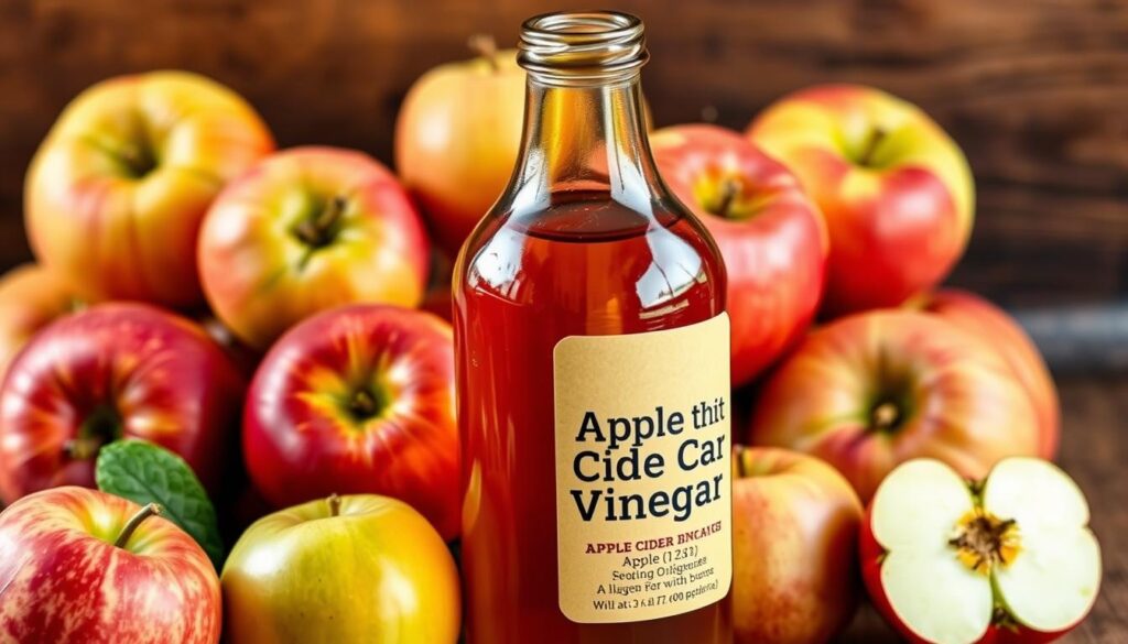 A glass bottle filled with amber-colored liquid, labeled "Apple Cider Vinegar", stands prominently in the foreground. Surrounding it, a collection of fresh, juicy apples in various shades of red, yellow, and green are arranged artfully, their textures and shapes emphasized by warm, natural lighting. The background features a rustic, wooden table or surface, hinting at the traditional, homemade nature of the product. The overall composition conveys the natural, health-conscious appeal of apple cider vinegar, inviting the viewer to explore its properties and potential benefits. A glass bottle filled with amber-colored liquid, labeled "Apple Cider Vinegar", stands prominently in the foreground. Surrounding it, a collection of fresh, juicy apples in various shades of red, yellow, and green are arranged artfully, their textures and shapes emphasized by warm, natural lighting. The background features a rustic, wooden table or surface, hinting at the traditional, homemade nature of the product. The overall composition conveys the natural, health-conscious appeal of apple cider vinegar, inviting the viewer to explore its properties and potential benefits.