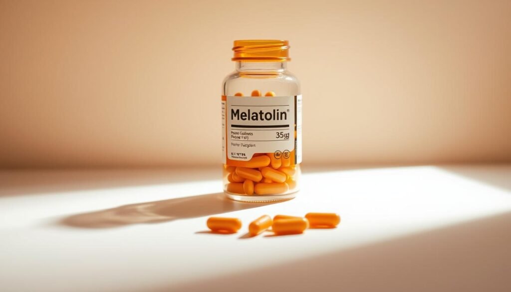 A glass bottle filled with amber-colored melatonin supplements, resting on a clean, white surface. The bottle is positioned at a slight angle, casting a soft, natural shadow. The lighting is warm and diffused, creating a soothing, inviting atmosphere. The label on the bottle is clearly visible, showcasing the product's name and dosage information. In the background, a neutral, muted color palette creates a minimalist, uncluttered scene, allowing the melatonin supplements to be the focal point. The overall composition conveys a sense of quality, attention to detail, and the importance of understanding the variability and accuracy of over-the-counter melatonin products. A glass bottle filled with amber-colored melatonin supplements, resting on a clean, white surface. The bottle is positioned at a slight angle, casting a soft, natural shadow. The lighting is warm and diffused, creating a soothing, inviting atmosphere. The label on the bottle is clearly visible, showcasing the product's name and dosage information. In the background, a neutral, muted color palette creates a minimalist, uncluttered scene, allowing the melatonin supplements to be the focal point. The overall composition conveys a sense of quality, attention to detail, and the importance of understanding the variability and accuracy of over-the-counter melatonin products.