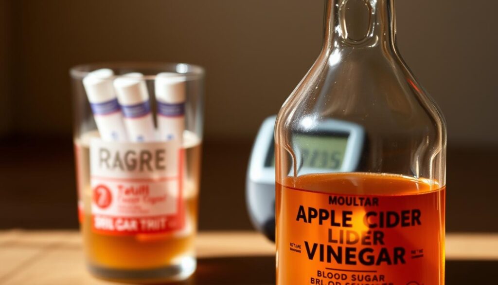 A glass bottle filled with apple cider vinegar, prominently displayed in the foreground. The liquid inside has a rich, amber hue, reflecting the natural colors of the vinegar. In the background, a glass of water with blood sugar test strips and a glucose meter, hinting at the relationship between apple cider vinegar and blood sugar regulation. The lighting is warm and natural, casting subtle shadows that add depth and dimension to the scene. The overall mood is one of contemplation, inviting the viewer to consider the potential benefits and considerations of using apple cider vinegar for blood sugar management. A glass bottle filled with apple cider vinegar, prominently displayed in the foreground. The liquid inside has a rich, amber hue, reflecting the natural colors of the vinegar. In the background, a glass of water with blood sugar test strips and a glucose meter, hinting at the relationship between apple cider vinegar and blood sugar regulation. The lighting is warm and natural, casting subtle shadows that add depth and dimension to the scene. The overall mood is one of contemplation, inviting the viewer to consider the potential benefits and considerations of using apple cider vinegar for blood sugar management.