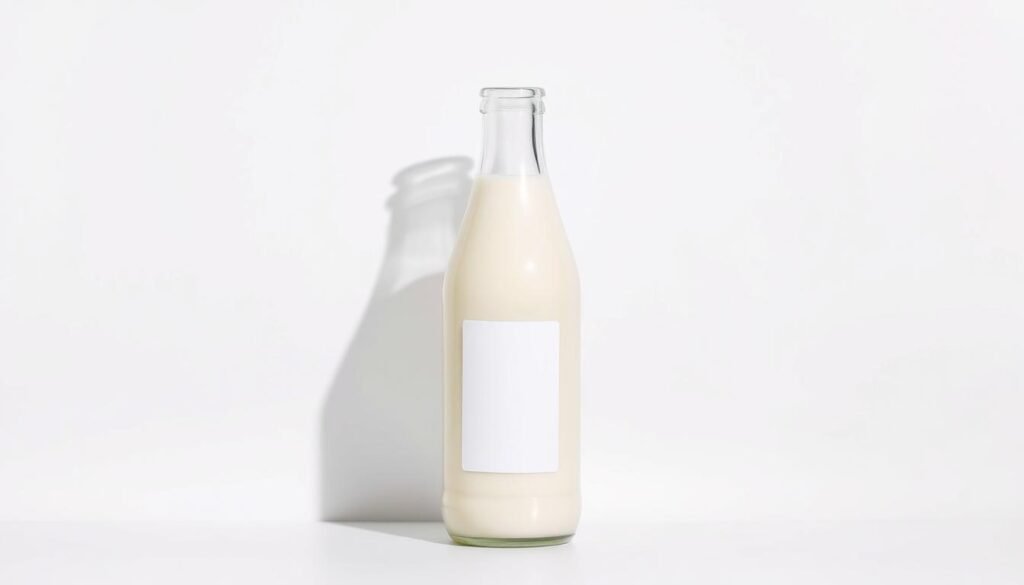 A glass bottle filled with creamy, fresh milk set against a plain white background, casting a soft, natural shadow. The bottle's label displays a simple, minimalist design, emphasizing the purity and quality of the dairy product. The lighting is soft and diffused, creating a serene, calming atmosphere. The composition is balanced, with the bottle placed in the center to draw the viewer's attention to the dairy item. The overall mood is one of simplicity, health, and wellness, reflecting the subject of the article's section on approaching dairy with PCOS in mind.