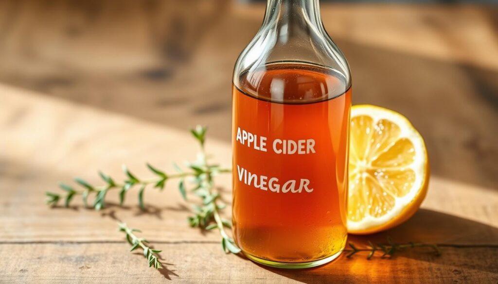A glass bottle filled with rich, amber-hued apple cider vinegar, its contents gently illuminated by soft, natural lighting. The bottle is placed on a clean, wooden surface, with a few sprigs of fresh thyme and a slice of lemon providing a rustic, culinary accent. The scene exudes a sense of purity and authenticity, hinting at the natural, unprocessed qualities of the vinegar. The overall composition conveys a sense of simplicity and transparency, inviting the viewer to contemplate the true essence of this versatile ingredient. A glass bottle filled with rich, amber-hued apple cider vinegar, its contents gently illuminated by soft, natural lighting. The bottle is placed on a clean, wooden surface, with a few sprigs of fresh thyme and a slice of lemon providing a rustic, culinary accent. The scene exudes a sense of purity and authenticity, hinting at the natural, unprocessed qualities of the vinegar. The overall composition conveys a sense of simplicity and transparency, inviting the viewer to contemplate the true essence of this versatile ingredient.