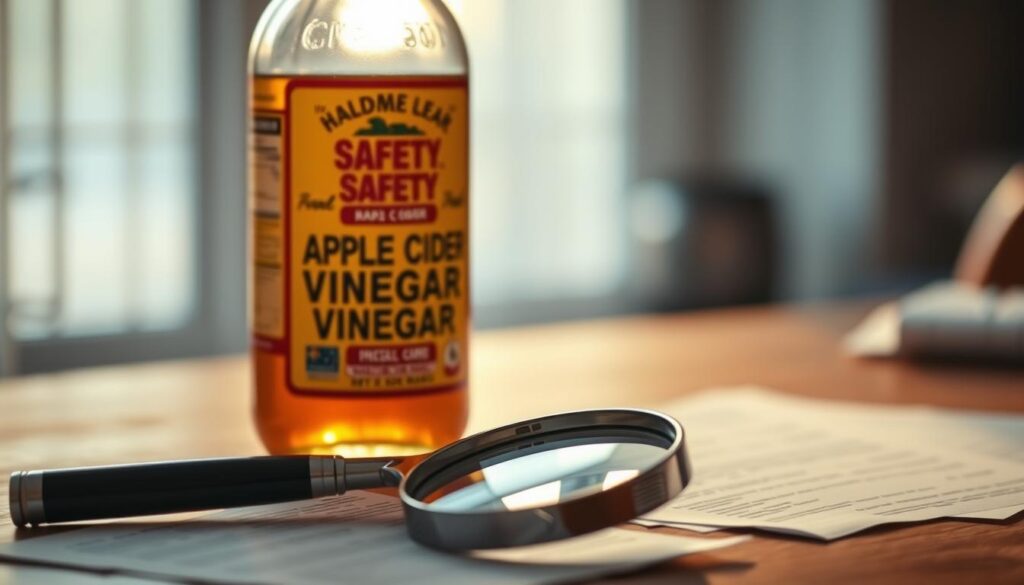 A glass bottle of apple cider vinegar standing on a wooden table, with a magnifying glass and scattered research papers in the foreground. The bottle is illuminated by warm, natural lighting, casting subtle shadows. The background is blurred, creating a sense of focus on the safety and research aspect. The overall mood is one of scientific inquiry and cautious examination. A glass bottle of apple cider vinegar standing on a wooden table, with a magnifying glass and scattered research papers in the foreground. The bottle is illuminated by warm, natural lighting, casting subtle shadows. The background is blurred, creating a sense of focus on the safety and research aspect. The overall mood is one of scientific inquiry and cautious examination.