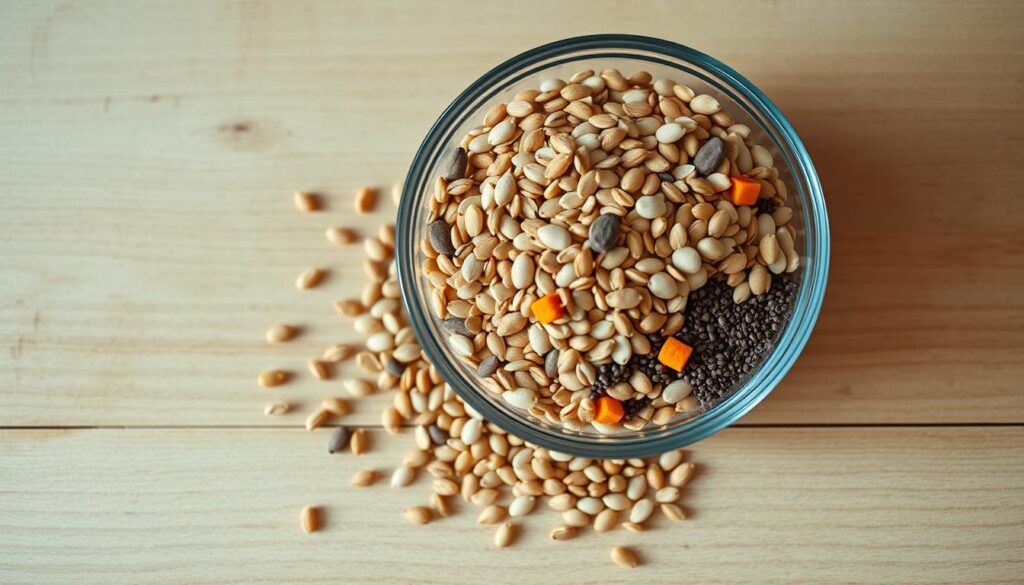 A glass bowl filled with an assortment of different seeds, including flax, pumpkin, sesame, and chia. The seeds are arranged in a visually appealing manner, with some spilling out of the bowl onto a clean, wooden surface. The lighting is soft and diffused, creating a warm, natural atmosphere. The camera is positioned slightly above the scene, capturing the arrangement from a top-down perspective to showcase the variety and symmetry of the seed selection. The overall mood is one of calm, wellness, and mindfulness, reflecting the holistic practice of seed cycling. A glass bowl filled with an assortment of different seeds, including flax, pumpkin, sesame, and chia. The seeds are arranged in a visually appealing manner, with some spilling out of the bowl onto a clean, wooden surface. The lighting is soft and diffused, creating a warm, natural atmosphere. The camera is positioned slightly above the scene, capturing the arrangement from a top-down perspective to showcase the variety and symmetry of the seed selection. The overall mood is one of calm, wellness, and mindfulness, reflecting the holistic practice of seed cycling.