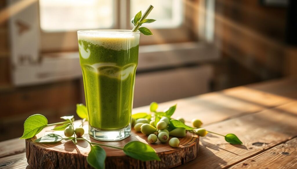 A glass filled with a vibrant green smoothie, swirled with frothy white, sits atop a rustic wooden surface. Sunlight streams in from a large window, casting a warm glow on the scene. Freshly harvested moringa leaves and pods are scattered artfully around the glass, their deep green hues contrasting beautifully. The smoothie appears thick and creamy, the perfect consistency for sipping. A straw with a sprig of moringa leaves is positioned elegantly, inviting the viewer to take a refreshing sip of this nutrient-dense elixir. A glass filled with a vibrant green smoothie, swirled with frothy white, sits atop a rustic wooden surface. Sunlight streams in from a large window, casting a warm glow on the scene. Freshly harvested moringa leaves and pods are scattered artfully around the glass, their deep green hues contrasting beautifully. The smoothie appears thick and creamy, the perfect consistency for sipping. A straw with a sprig of moringa leaves is positioned elegantly, inviting the viewer to take a refreshing sip of this nutrient-dense elixir.