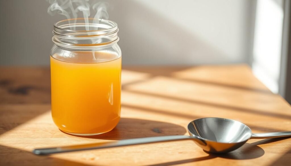 A glass jar filled with a golden, translucent liquid sits atop a wooden table. Wisps of steam rise from the surface, hinting at the warmth within. In the foreground, a metal ladle rests nearby, suggesting the broth's ready-to-serve state. The scene is illuminated by soft, natural light, casting gentle shadows and highlighting the jar's contents. The overall mood is one of simplicity, nourishment, and the quiet comfort of a daily self-care ritual. The composition emphasizes the idea of a single, carefully prepared serving of bone broth, ready to be enjoyed as part of a health-conscious lifestyle.