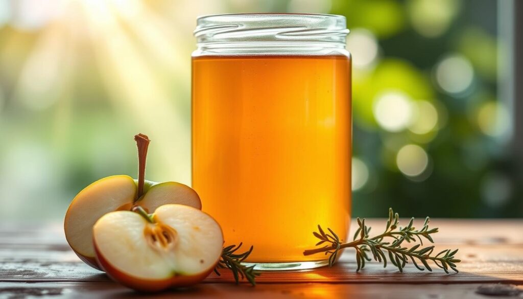 A glass jar filled with amber-colored apple cider vinegar, resting on a wooden table. Rays of warm, natural light filter through the liquid, casting a soft glow. In the foreground, a sliced apple and a few sprigs of fresh thyme add a rustic, artisanal touch. The background is blurred, creating a cozy, intimate atmosphere, drawing the viewer's focus to the jar's contents and the process of apple cider vinegar production. The image conveys the simplicity and authenticity of this versatile ingredient, reflecting the "Apple Cider Vinegar 101" section of the article.