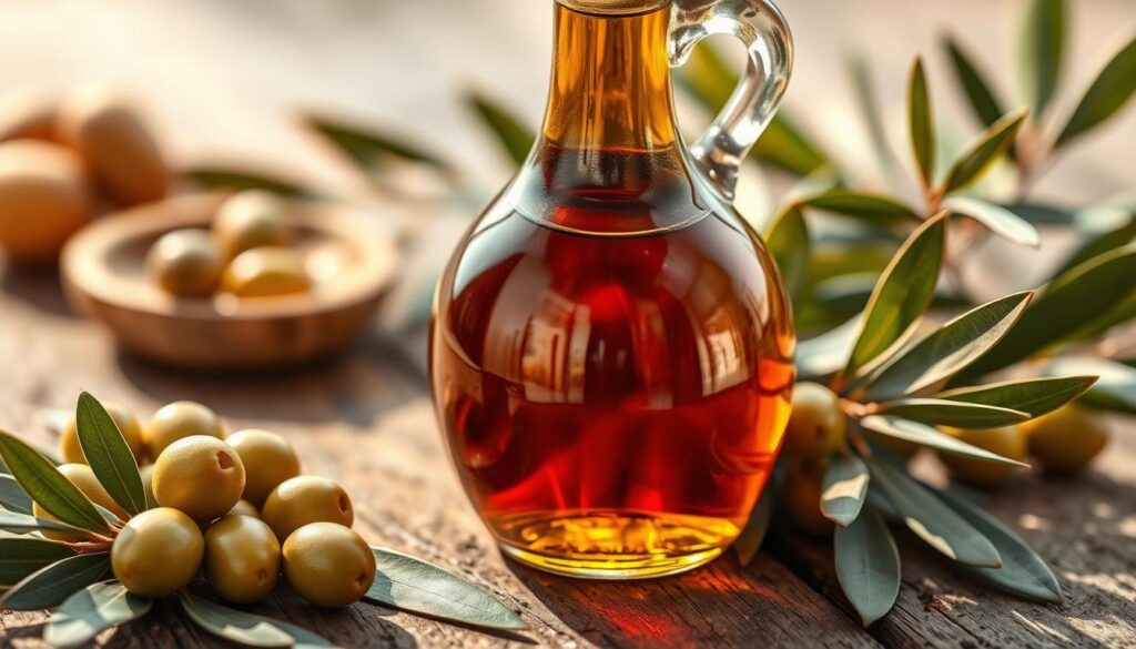 A gleaming glass bottle filled with rich, amber-hued olive oil sits atop a rustic wooden surface, surrounded by fresh green olives and delicate olive leaves. Soft, natural lighting casts warm, golden tones, highlighting the bottle's elegant curves and the glossy sheen of the oil within. The overall scene radiates a sense of Mediterranean tranquility and culinary sophistication, perfectly capturing the essence of this versatile and healthy cooking staple.